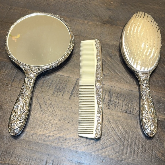 Vintage Silver Finish Vanity Mirror Brush Comb Set THREE PIECE BUNDLE main image 9